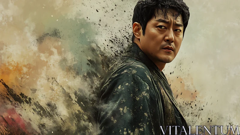 Male portrait merges realistic rendering with dynamic paint dispersion