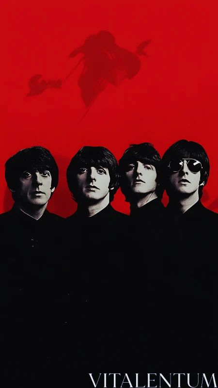 High-contrast four-member portrait on saturated red field