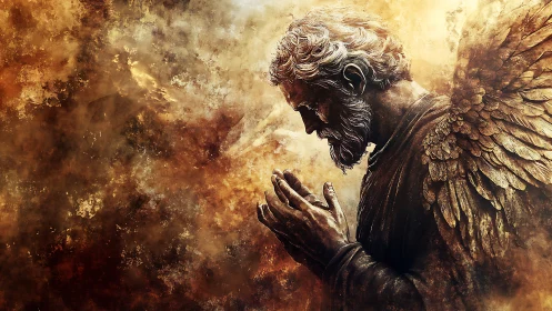 Winged stone figure in solemn prayer against hazy sky.