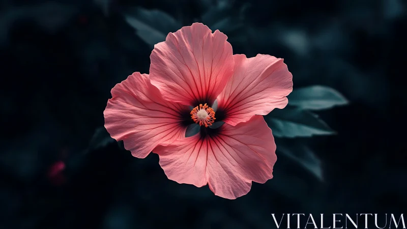 Pink hibiscus blossom with orange stamen against dark foliage background
