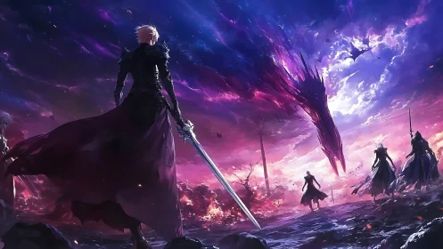 Starlit swordsmen facing a cosmic dragon in violet skies.