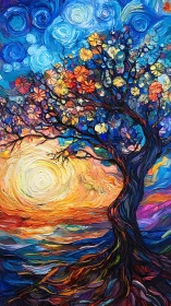 Floral twilight tree under swirling impasto sky at sunset.