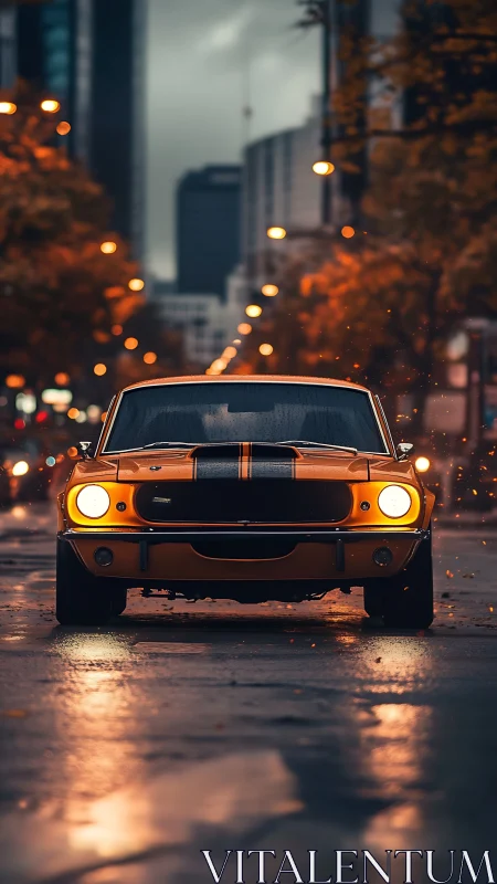 Cinematic orange muscle car on wet urban boulevard at dusk.
