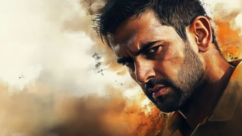 Intense male portrait in textured digital brushwork profile.