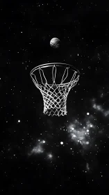 Basketball hoop floats in cosmic space, capturing silent motion