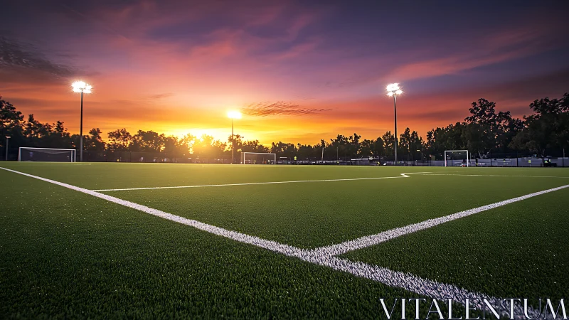 Synthetic turf soccer field sits under stadium lights at dusk