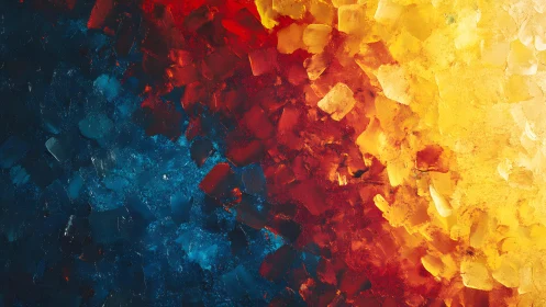 Vivid abstract painting of blue, red, and yellow in textured strokes.