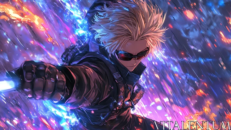 Dynamic cyberpunk swordsman in neon-ignited rainstorm composition.