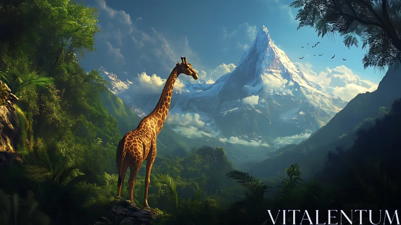 Giraffe overlooking misty alpine peak in lush rainforest.
