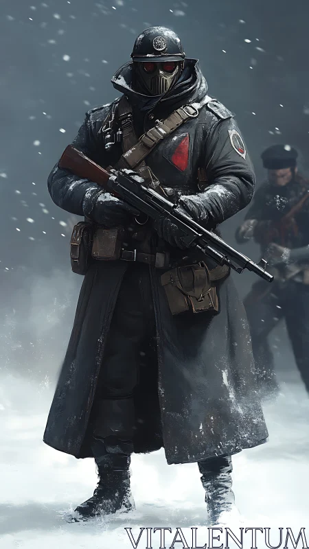 Arctic trench marksman in retro-futurist combat ensemble.