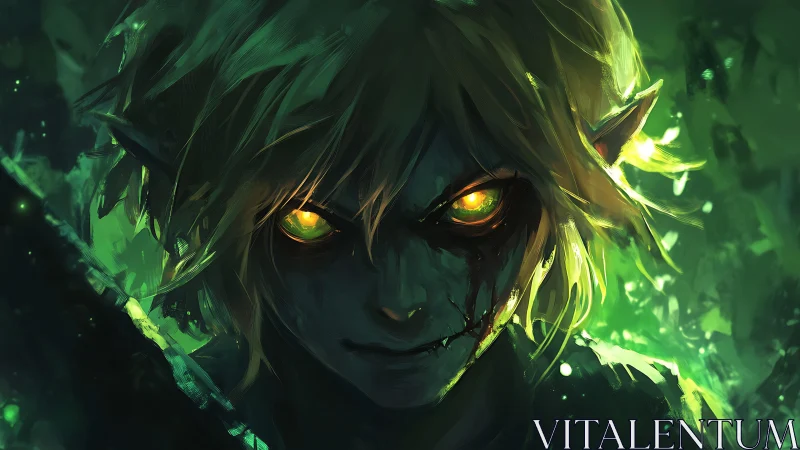 Emerald-eyed forest fiend grins through luminous shadowstorm.