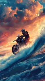 Hydrodynamic wave riding motorcycle under volumetric sunset sky.
