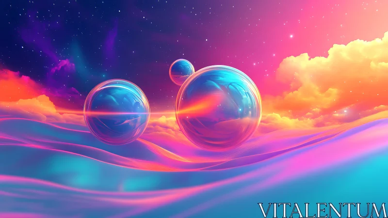 Iridescent spheres drifting above neon chromatic clouds.