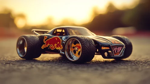 Macro profile of RC drift car with oversized slick tires at sunset