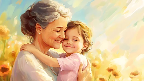 Golden Embrace: Grandmother and Grandchild in Sunlit Fields