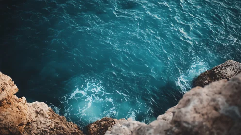 Turquoise waves curl below sunlit rocky seaside cliffs