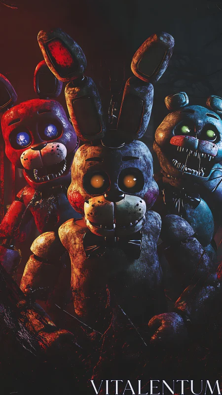 Animatronic rabbits emerge under hostile triadic lighting effects