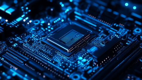 Blue illuminated CPU socket on detailed computer motherboard.