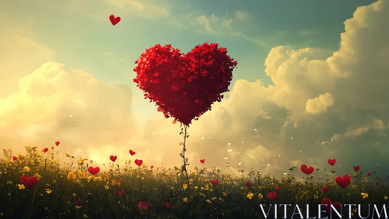 Giant Heart-Shaped Tree Floats Above Meadow Against Sky