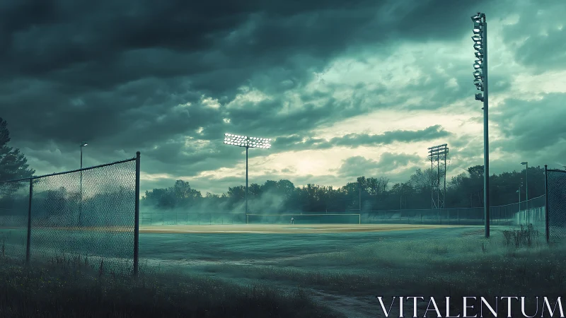 Moody ballfield glows under stormy evening sky lights