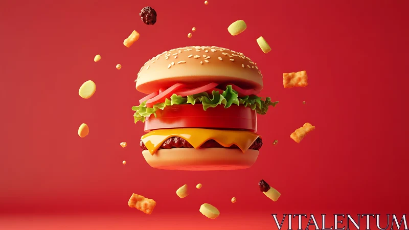 Gravity-defying burger orbiting in a crunchy red cosmos.