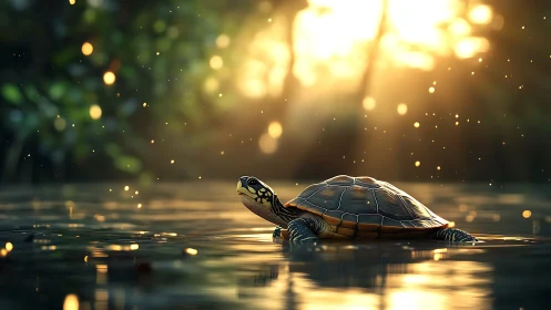 Sunlit turtle drifts across a tranquil golden forest pond