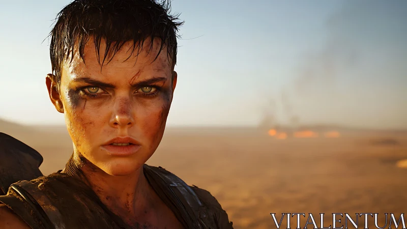 Battle-hardened warrior stares down a burning desert horizon.