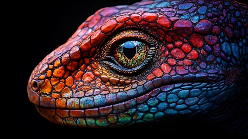 Radiant rainbow lizard portrait with shimmering jeweled eye.
