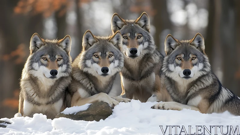 Four watchful wolves resting together in winter forest snow.