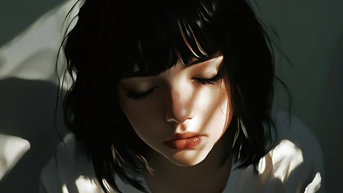 Young woman with closed eyes in strong directional light