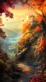 Sunlit cliffside castle crowns an autumn mountain path