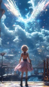 Skyward girl beneath radiant celestial phoenix apparition.
