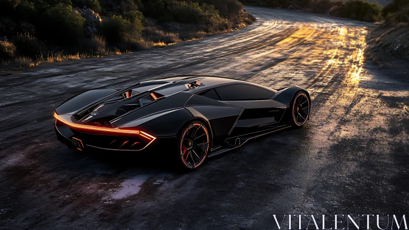 Low-profile concept supercar follows wet mountain roadway