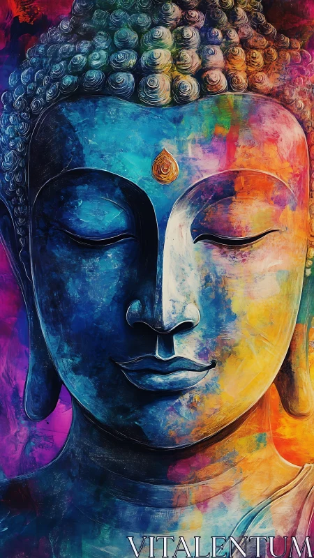 Buddha portrait rendered in high-saturation abstract digital pigments