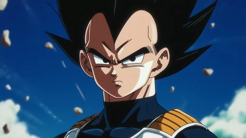 Armored anime warrior under dynamic sky with floating debris