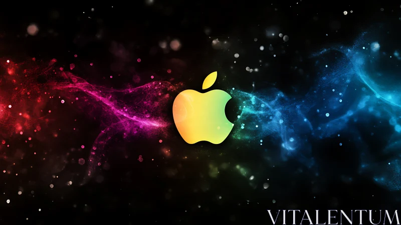 Apple logo with neon color trails on dark space background.