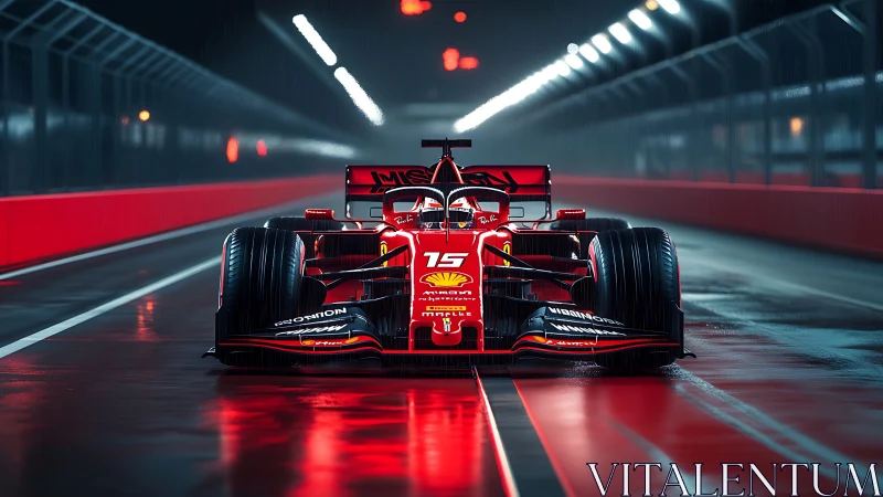 Midnight scarlet race car ignites a rain-soaked pit lane.