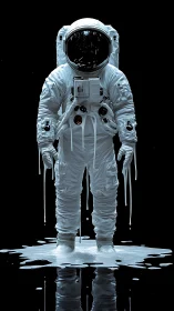 Astronaut figure stands in liquid-coated spacesuit on black
