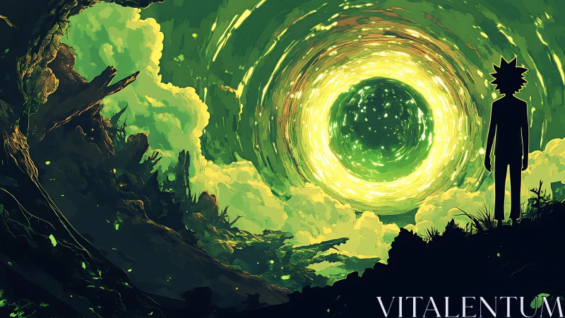 Silhouette observes luminous green portal in alien canyon