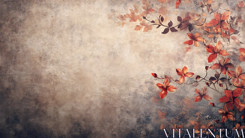 Textured beige wall with stylized red floral branch motif