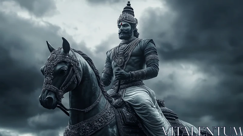 Majestic armored warrior on horseback under storm-laden sky