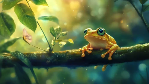 Bioluminescent tree frog observing butterfly in bokeh forest.