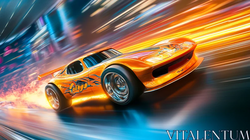 Flaming orange race car blazing through neon tunnel track.