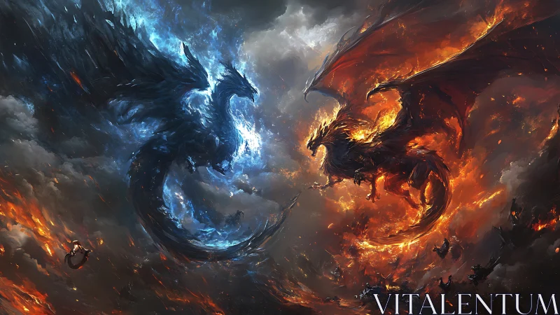 Opposed elemental dragon forms occupy a turbulent sky