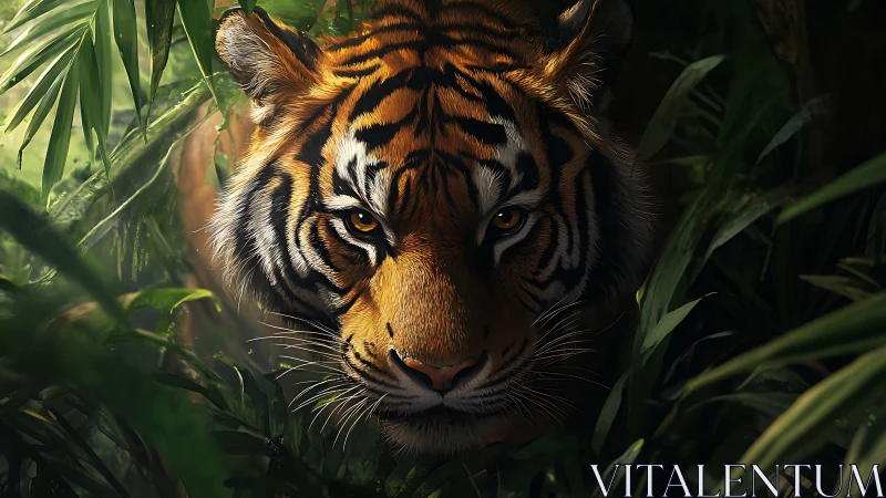 Tiger emerges from shadowed jungle foliage, eyes intent.