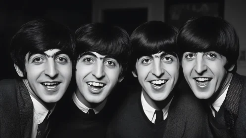 Four identical young men smile in retro black and white portrait
