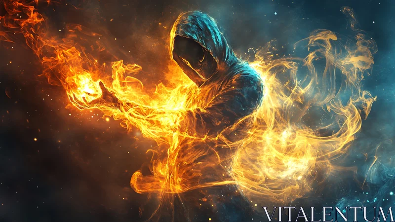 Hooded humanoid channels volumetric fire with high-energy motion