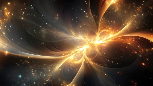 Radiant golden nebula with flowing abstract light forms.