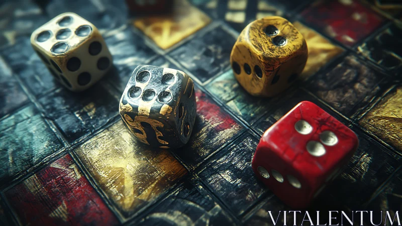 Weathered dice parading across a myth-touched gameboard.