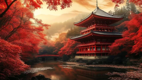 Red Japanese temple by river in dense autumn forest.